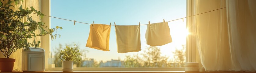 Sunlit Laundry Hanging on Clothesline by Window with Potted Plants and Cityscape in Background