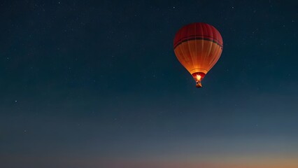 A calm night sky with a hot air balloon flying to the side