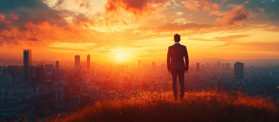 Fototapeta premium Businessman Overlooking Cityscape at Sunset from Hilltop with Vibrant Sky and Urban Skyline
