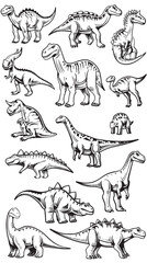 Vector illustration of black and white dinosaur outline drawing set
