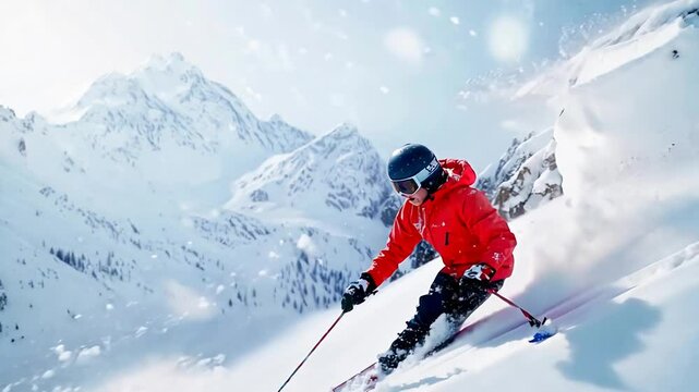 Skilled skier glides down a snowy mountainside in a blizzard, showcasing the thrill of winter sports and the beauty of the outdoors