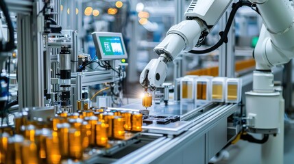A robotic arm in a high-tech manufacturing plant assembling components with precision AI systems optimizing the production line for speed and efficiency engineers overseeing the process