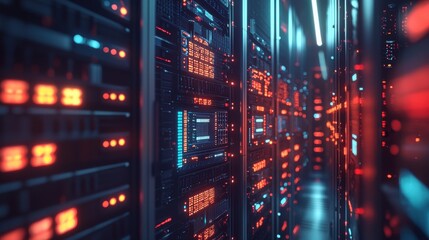 A data center filled with rows of servers blinking lights indicating data processing AI systems managing and optimizing the infrastructure