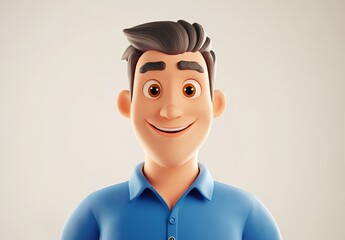 3D avatar of a man with black hair, wearing a blue shirt and smiling on a white background. 