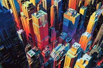 Obraz premium Abstract Cityscape with Colorful Skyscrapers and Geometric Patterns