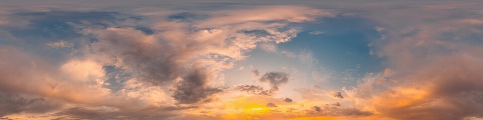 Sunset sky panorama with bright glowing pink Cumulus clouds. HDR 360 seamless spherical panorama. Full zenith or sky dome in 3D, sky replacement for aerial drone panoramas. Climate and weather change.