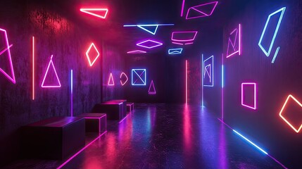 Modern neon-lit room with black walls and glowing geometric patterns in 3D.