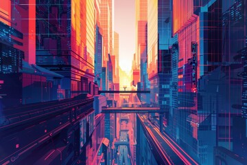 A futuristic city street with neon-lit buildings