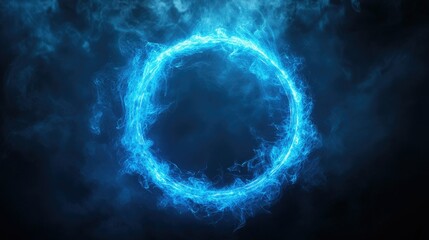 Neon blue color geometric circle on a dark background. Round mystical portal. Mockup for your logo. Futuristic smoke. Mockup for your logo. -