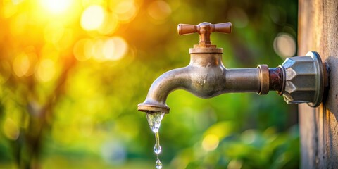 Dripping outside tap in summer representing water ban or shortage, dripping, outside tap, summer, conceptual, water