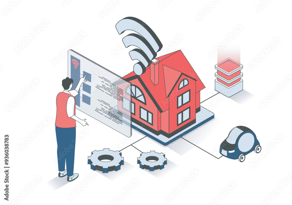 Poster Smart home 3d isometric concept with isometry people design for web. Man monitoring automation systems of security, electricity, surveillance and other using digital screens. Vector illustration.