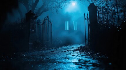 Eerie Halloween night ghostly presences lurking in the shadows of a haunted mansion, captured in eerie lighting, Spooky, Cool Tones, Atmospheric