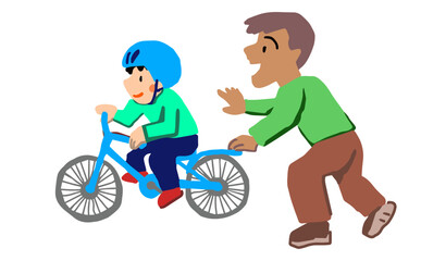 Fototapeta premium 自転車に乗る練習をする父と男の子