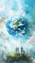 Photo Realistic Watercolor Earth and Climate Change Charts: People Analyzing Environment Data on Whimsical Background for Creativity and Innovation   Stock Photo Concept