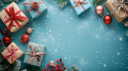 A festive banner with gift boxes wrapped in velvet ribbons and paper decorations on a turquoise background