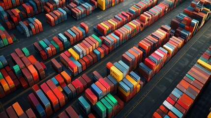 Aerial view of shipyard, rows of containers, global trade scene, 3D illustration 