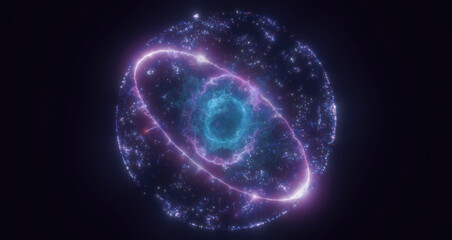 A brilliant purple sphere with glowing circular trails and particles, radiating light, energy, and cosmic mystery