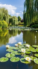 Fototapeta premium Bright yellow water lilies blossom on a summer lake, complemented by a sweeping willow tree and a vibrant green landscape under a clear blue sky