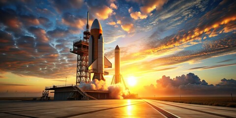 Fototapeta premium Space rocket on launch pad with setting sun in the background, space, rocket, launch pad, sky, sunset