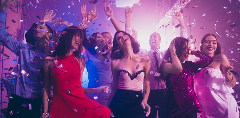 Sequins fall from violet ceiling, ecstatic, positivity, happiness, emotion, excited, rejoice...