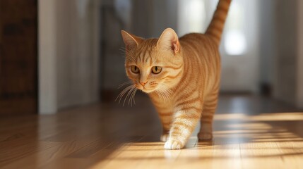 Orange cat standing on a hardwood floor, looking relaxed and comfortable. -