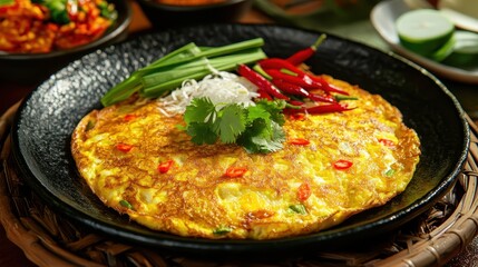 Fototapeta premium Indonesian Style Telur Dadar on Rustic Plate with Sambal 