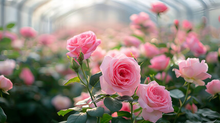 Field of pink roses flowers production under a greenhouse, Generative AI

