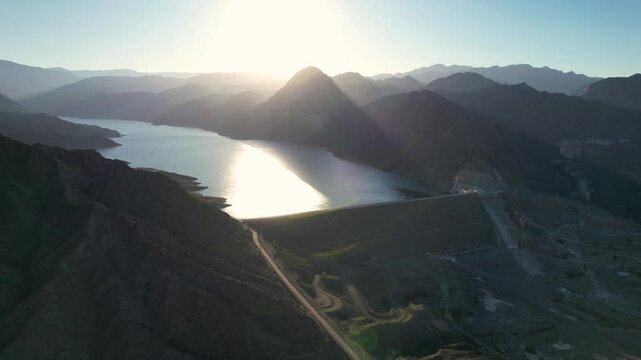 Aerial view of the "Embalse Dique Punta Negra" at sunset, San Juan, Argentina.