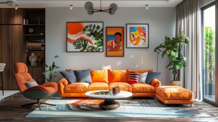 Artful living room with a statement sofa, an accent armchair, and gallery wall posters