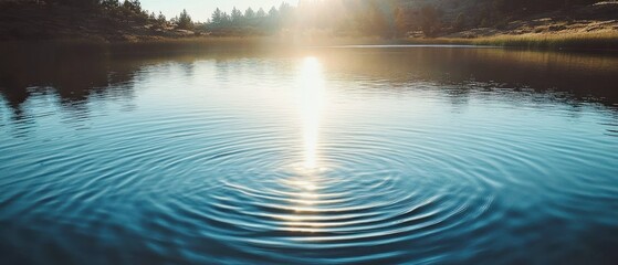 Circular Ripples in Calm Lake Water with Sunlight Reflection