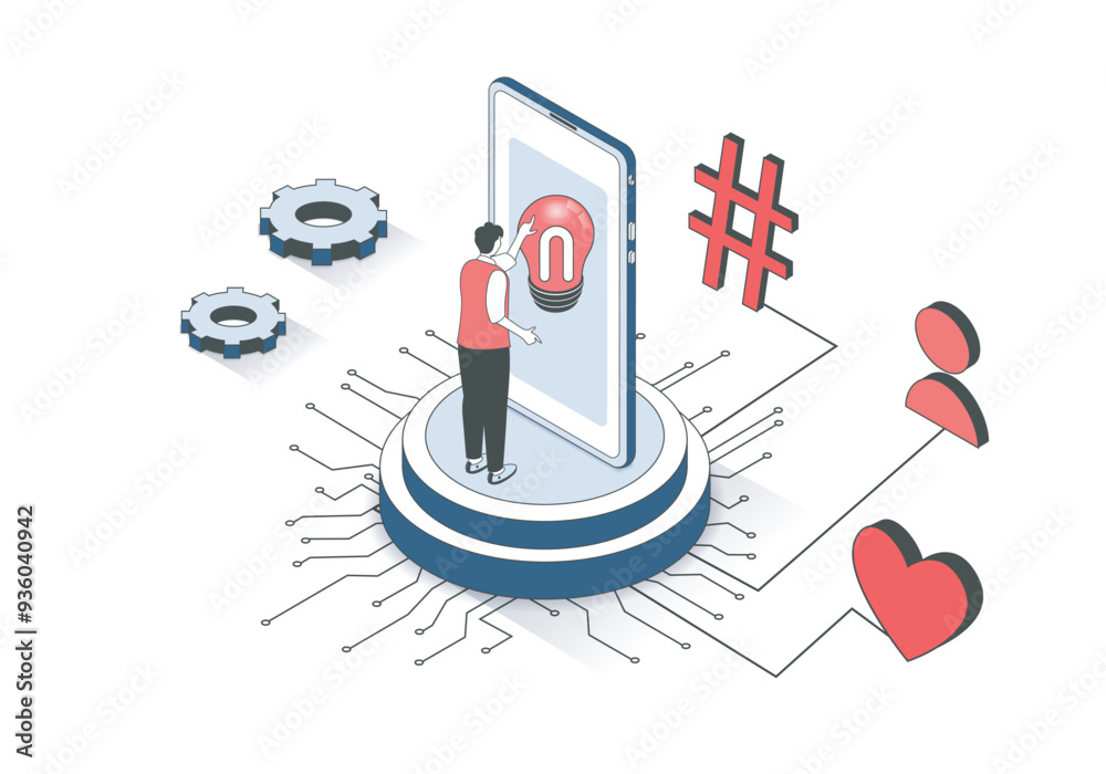 Aufkleber Social media 3d isometric concept with isometry people design for web. Man searching online informaion and news, sending messages in chats, following, likes and commenting posts. Vector illustration.
