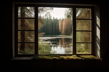 Panoramic window view of tranquil forest lake