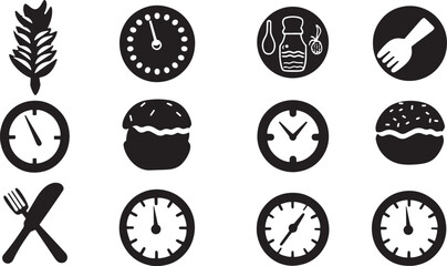 A minimalist vector icon set with a dietary fiber, whole grains, meal timing, and energy balance