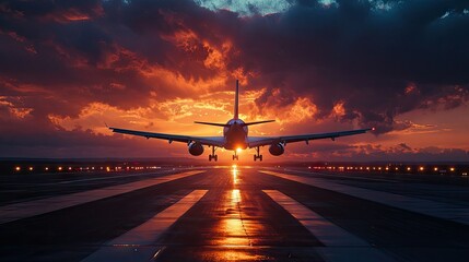Passenger airplane landing at sunset on a runway