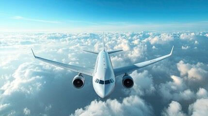 Passenger civil airplane jet flying at flight level high in the sky above the clouds and blue sky. View directly in front, exactly