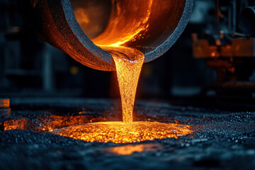 Steel plant with molten metal being poured, highlighting metal production