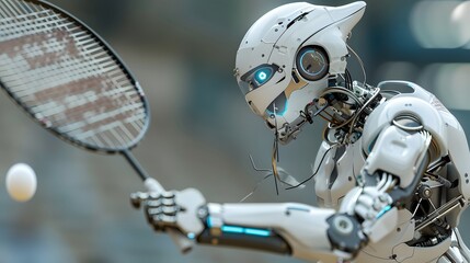 Fototapeta premium Robot Badminton Player Smashing Birdie: A robot badminton player smashing the shuttlecock with precision. 