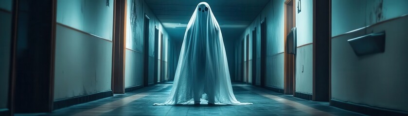 Ghost costume with a white sheet draped over a figure, floating in a darkened hallway, Spooky, Cool Tones, Atmospheric