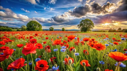 Vibrant summer meadow filled with red poppies, creating a picturesque scene of natural beauty