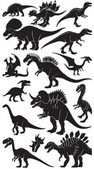 Vector illustration of dinosaur silhouette including Stegosaurus, Brontosaurus, Velociraptor, Triceratops, Tyrannosaurus rex, and Spinosaurus