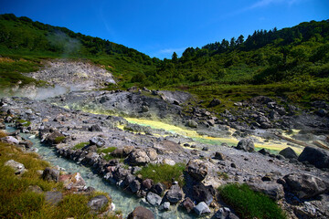 Tamagawa hot springs, gushing hot springs and sulphur, geothermal area