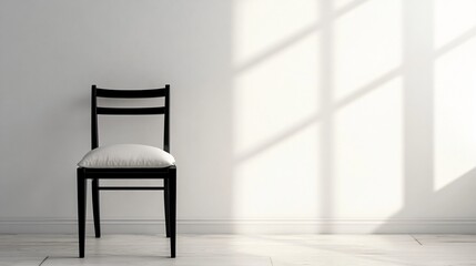 Minimalist Black Chair with White Cushion Against White Wall