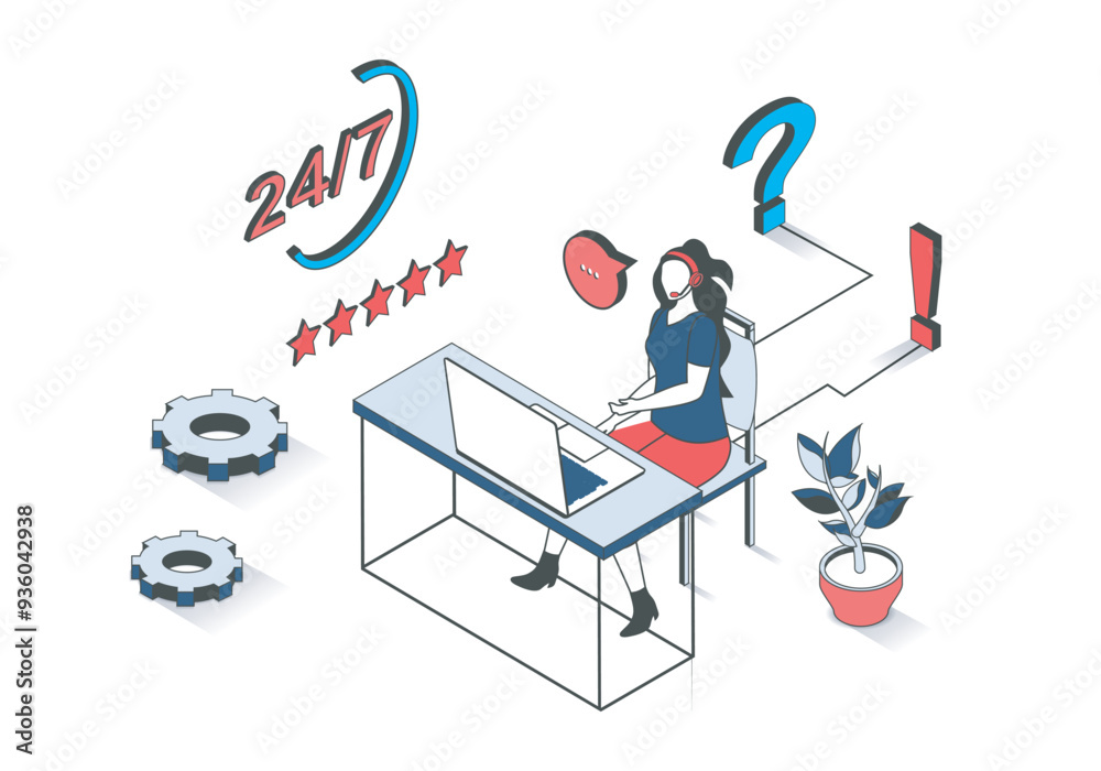 Aufkleber Technical support 3d isometric concept with isometry people design for web. Woman in headset answering calls and online messages, consulting clients and solving tech problems. Vector illustration.
