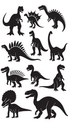 Vector illustration of dinosaur silhouette including Stegosaurus, Brontosaurus, Velociraptor, Triceratops, Tyrannosaurus rex, and Spinosaurus
