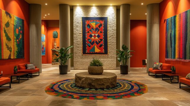 Vibrant interior with Colombian molas pattern and bold colors in a beautifully decorated modern lounge