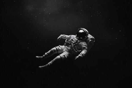An astronaut floating in space in black and white photography in blak backgraund