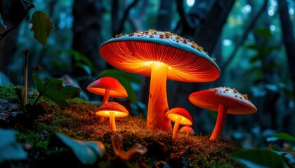 Fototapeta premium Mushroom Wallpaper ,Fantasy Wallpaper, 4K, Mushroom Light, Fantasy Mushroom, Jungle, Forest Mushroom, Jungle Background, fantasy, ai