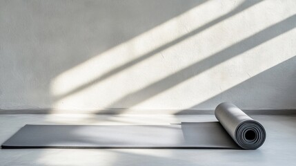 Simple Gray Exercise Mat Rolled Up Against a Clean White Wall in a Sunlit Room