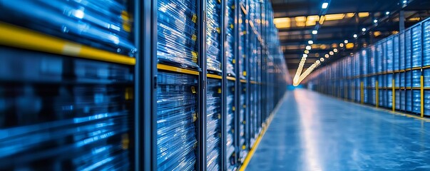 Long corridor in a high-capacity warehouse distribution center with well-organized storage space for seamless logistics