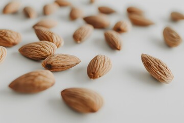 Close-up of Almonds Scattered on White Background